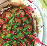 Fried aubergine with tahini yogurt and pomegranate