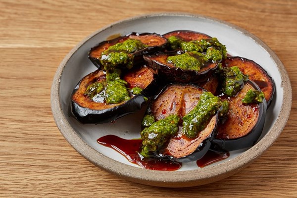 Fried aubergines with date syrup and zhoug
