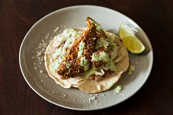 Fried avocado tacos with sesame and lime