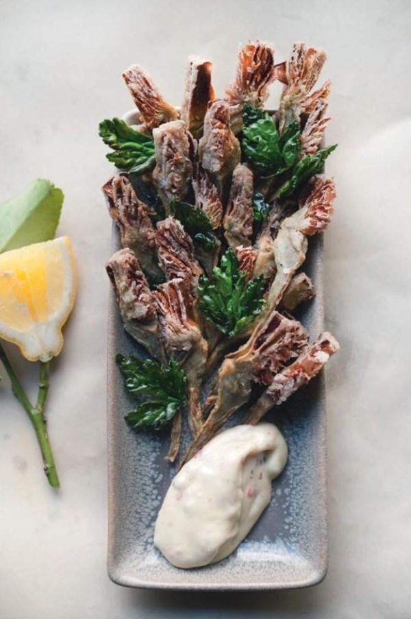 Fried baby artichokes with pink peppercorn aioli