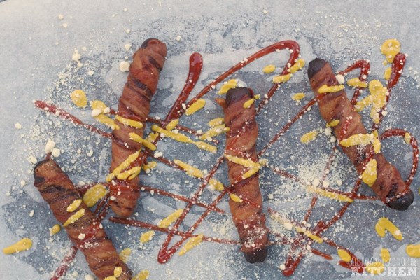 Fried bacon-wrapped hot dogs