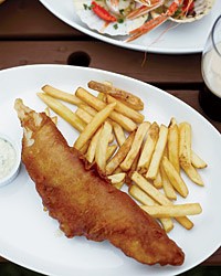 Fried beer-battered fish and chips with dilled tartar sauce