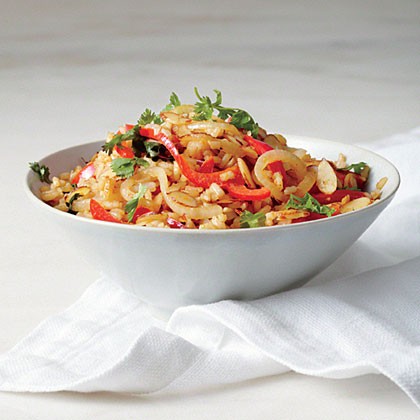 Fried brown rice with red pepper and almond