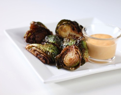 Fried Brussels sprouts with paprika-spiked dipping sauce