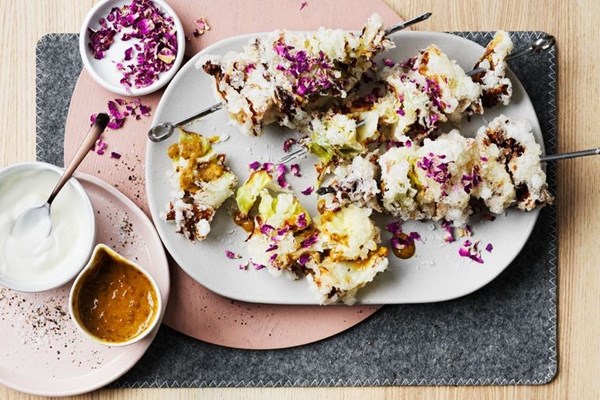 Fried cabbage skewers with harissa butter sauce
