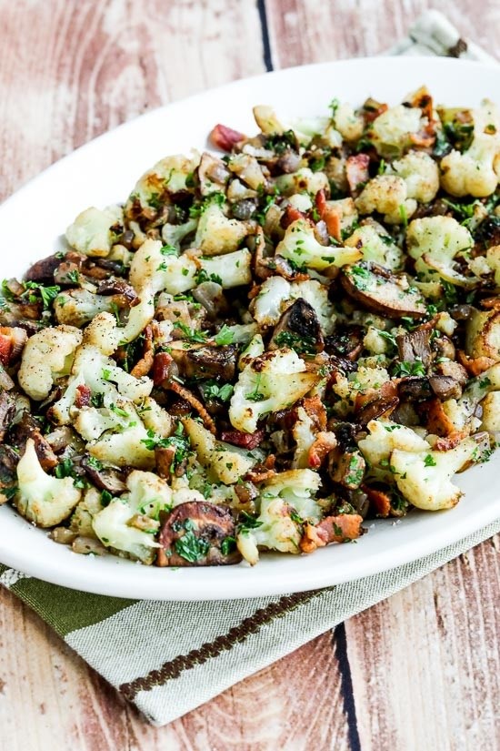 Fried cauliflower with bacon and mushrooms
