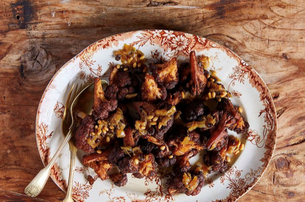 Fried cauliflower with caramelised onion, currants and pine nuts