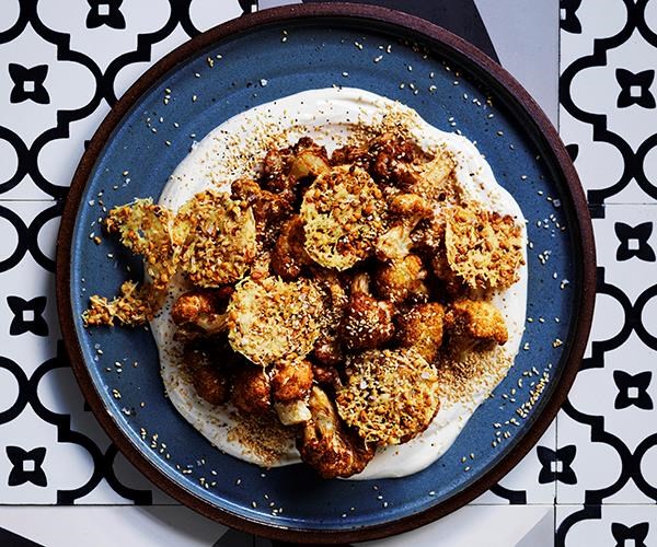 Fried cauliflower with Parmesan wafers and tahini yoghurt (Zahra maqlia)