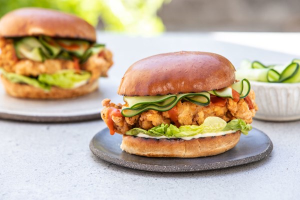 Fried chicken brioche with elderflower pickled cucumber