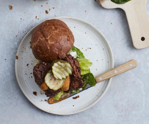 Fried chicken burger with smoky mayo, cos and pickles