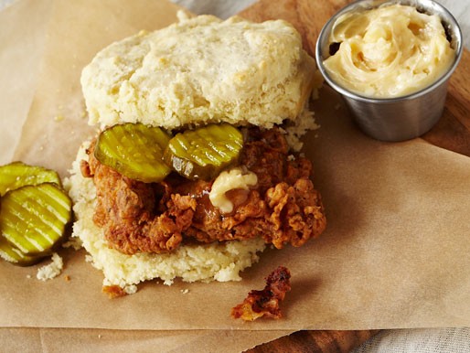 Fried chicken, honey butter, and biscuit sandwiches