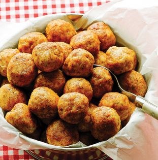 Fried chicken meatballs with collard greens