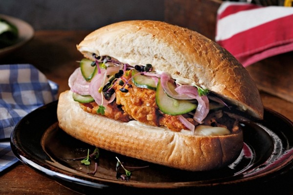 Fried chicken sandwiches with homemade pickles
