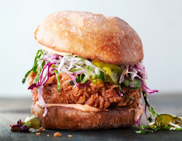Fried chicken sandwiches with slaw and spicy mayo