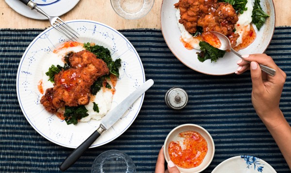 Fried chicken thighs with cheesy grits