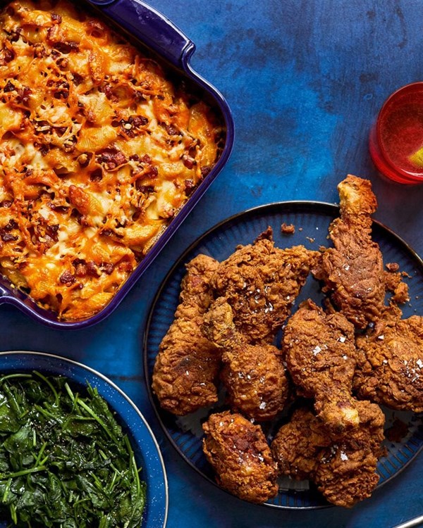 Fried chicken with pancetta, onion and tomato mac ‘n’ cheese