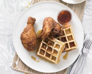 Fried chicken with waffles & maple syrup