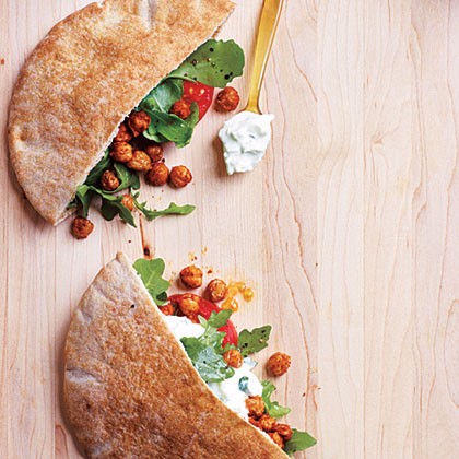 Fried chickpea and arugula pita sandwiches with lime tzatziki
