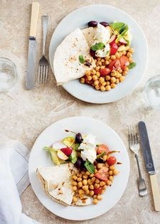Fried chickpeas, tomato and labneh flatbread