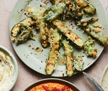 Fried courgettes, sage leaves, honey and chilli