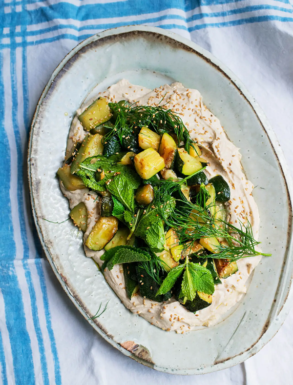 Fried courgettes with tahini and mint