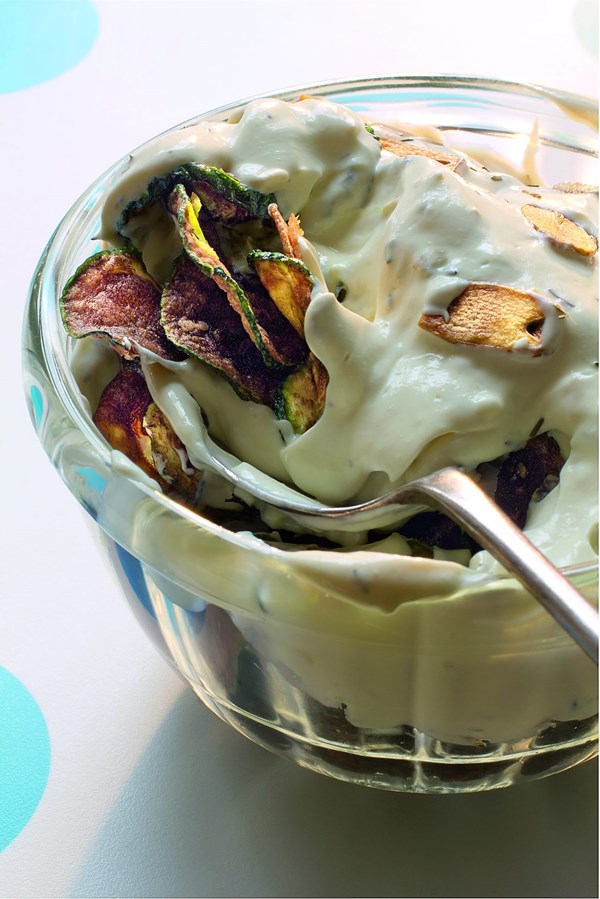 Fried courgettes with yoghurt, tahini and garlic