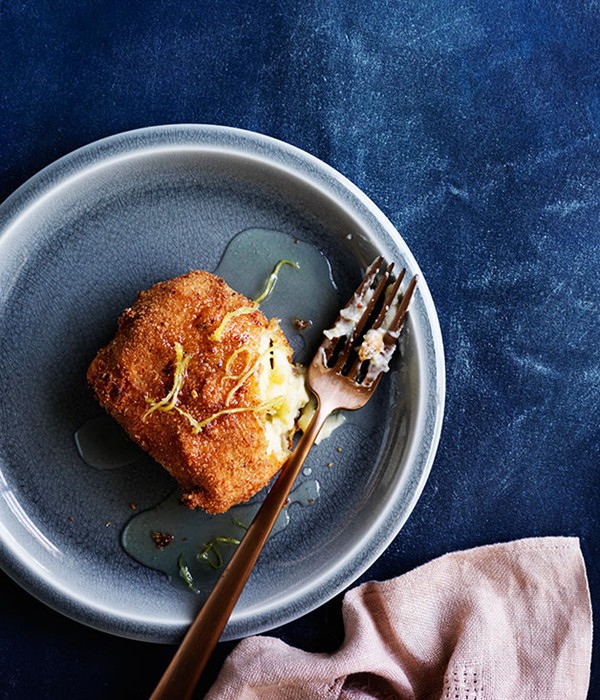 Fried custard squares with ginger syrup