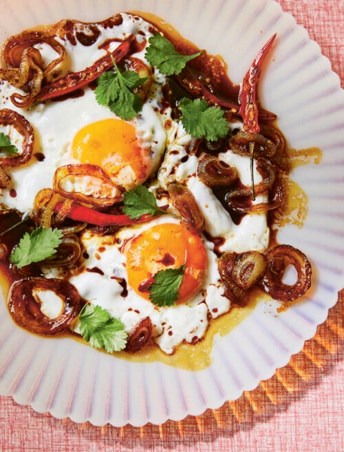 Fried egg tempra with onions and kecap manis