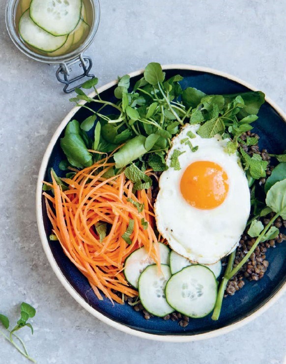 Fried egg with pickled cucumber, Puy lentils and preserved lemon yoghurt