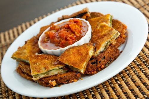 Fried eggplant and mozzarella with a roasted marinara dipping sauce