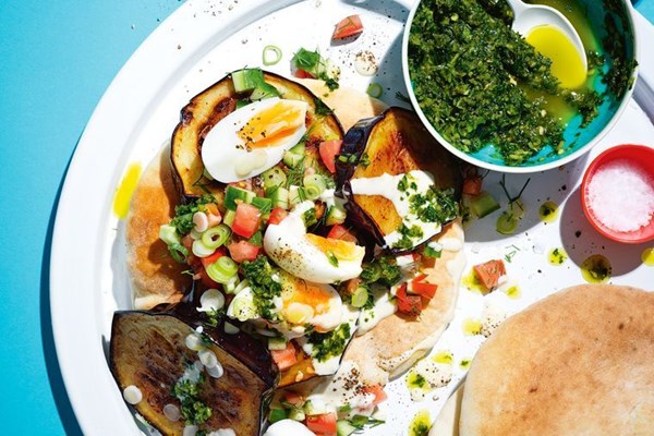 Fried eggplant and tahini sabih with zhoug