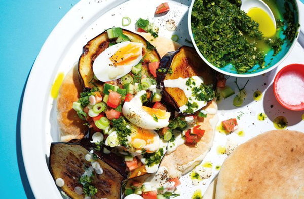 Fried eggplant and tahini sabih with zhoug