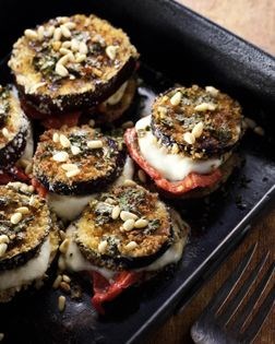 Fried eggplant stacks with buffalo mozzarella, chermoula, and pine nuts