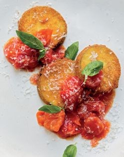 Fried eggplant with roasted tomatoes & basil 