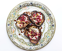 Fried eggplant with tahini and pomegranate seeds