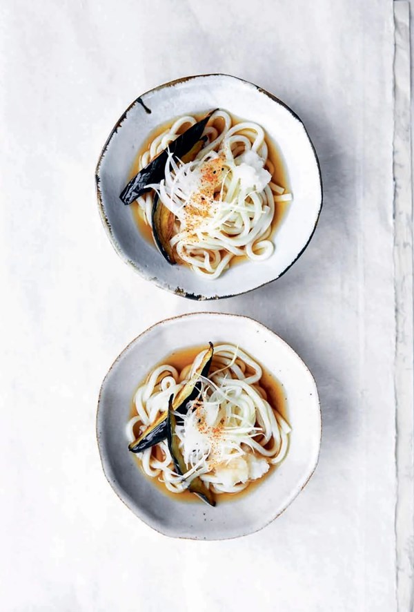 Fried eggplant with udon noodles