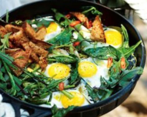 Fried eggs, greens, garlic and chilli