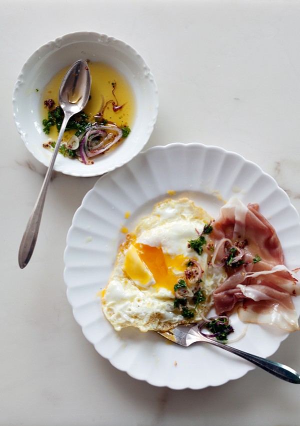 Fried eggs in olive oil (Served with Jamón and mustard vinaigrette)