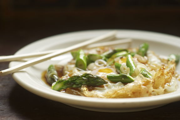 Fried eggs with asparagus, ramps, and oyster sauce