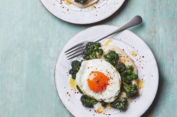 Fried eggs with charred broccoli & tahini