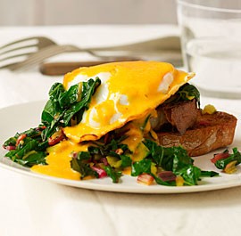 Fried eggs with garlicky chard and saffron-red pepper Hollandaise