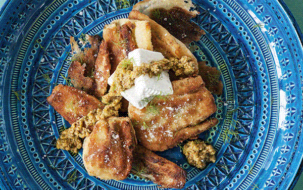 Fried fennel wedges with green olive salsa