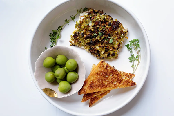 Fried feta with pistachios & hot honey