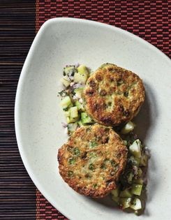Fried fish cakes with cucumber salad