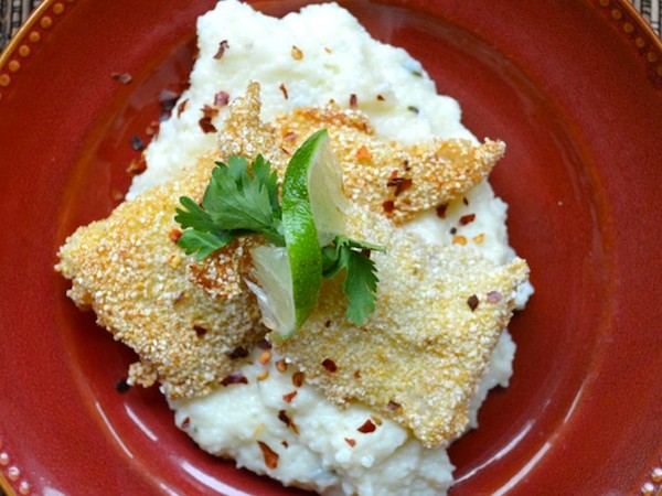 Fried fish with cheddar-thyme grits
