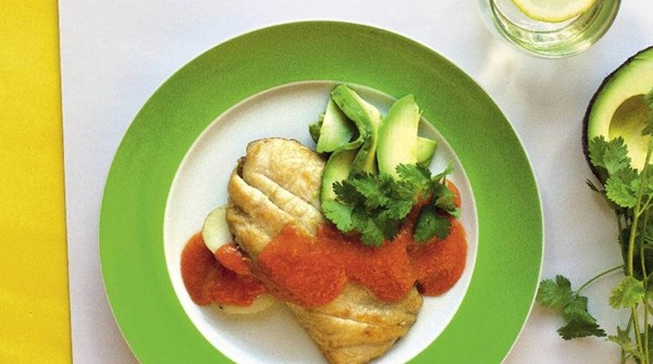 Fried fish with salmorejo, potatoes and avocado