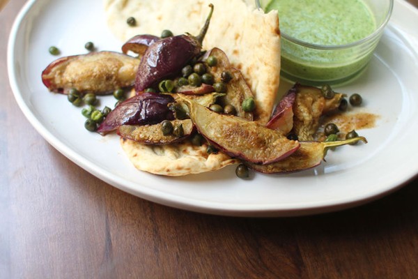 Fried green chickpeas + baby eggplant with yogurt chutney
