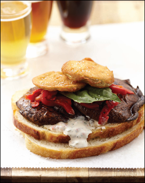 Fried green tomato and grilled portobello sandwich with basil roasted red pepper mayonnaise