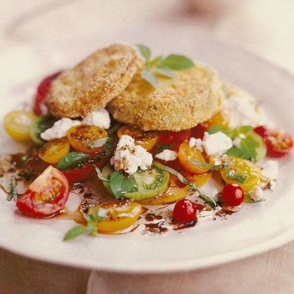 Fried green tomato and ripe red tomato salad with goat cheese and sweet basil vinaigrette