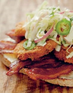 Fried green tomato, bacon, and spicy slaw tartine